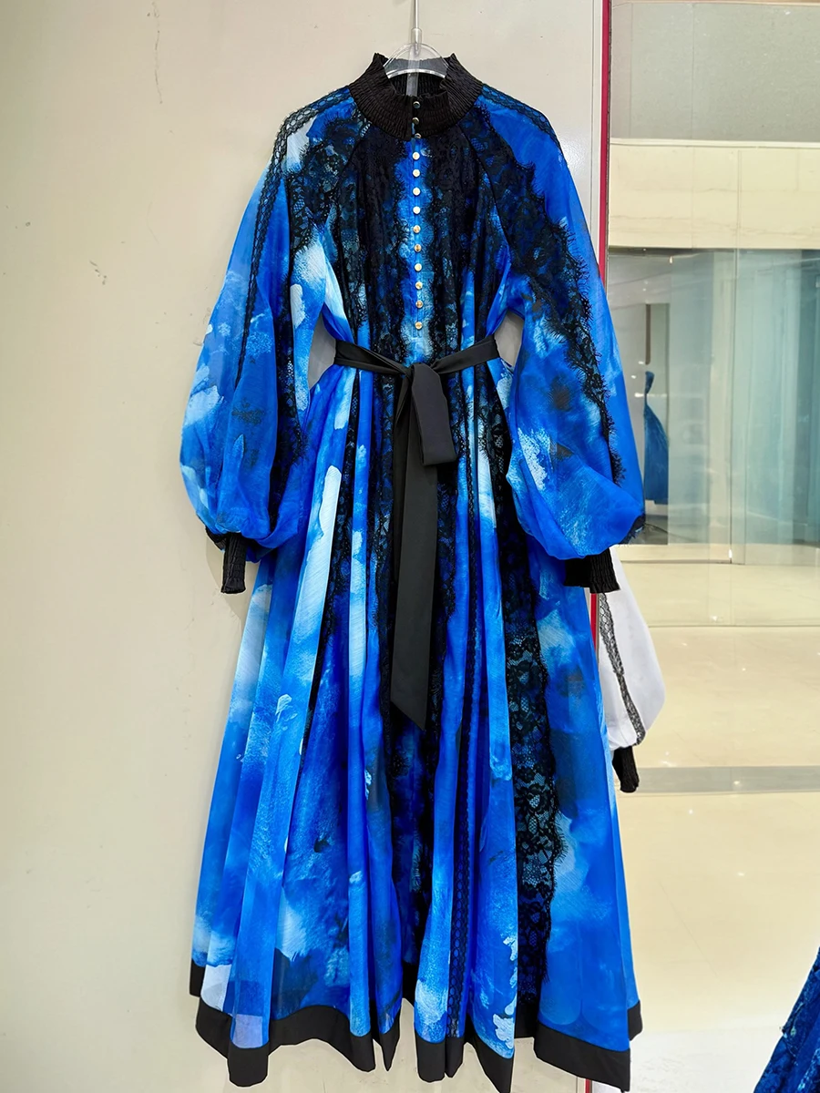 TWOTWINSTYLE Hit Color Spliced Belt Elegant Dresses for Women High Neck Long Sleeves Patchwork Lace Sheer Dress Female Clothing