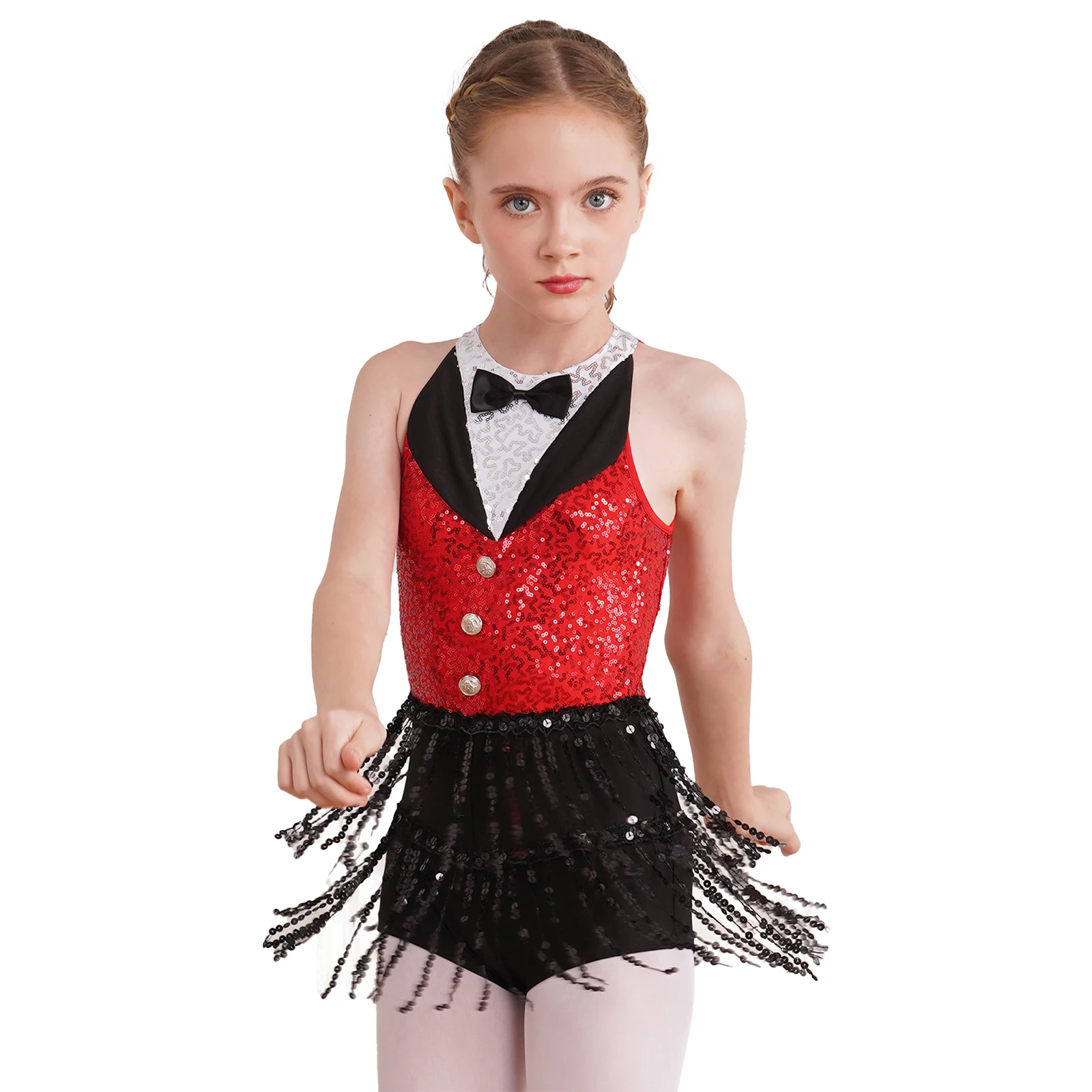 Kids Girls Sequin Latin Jazz Modern Dance Dress Sleeveless Cutout Back Tassel Hem Ballet Leotards Stage Performance Dancewear