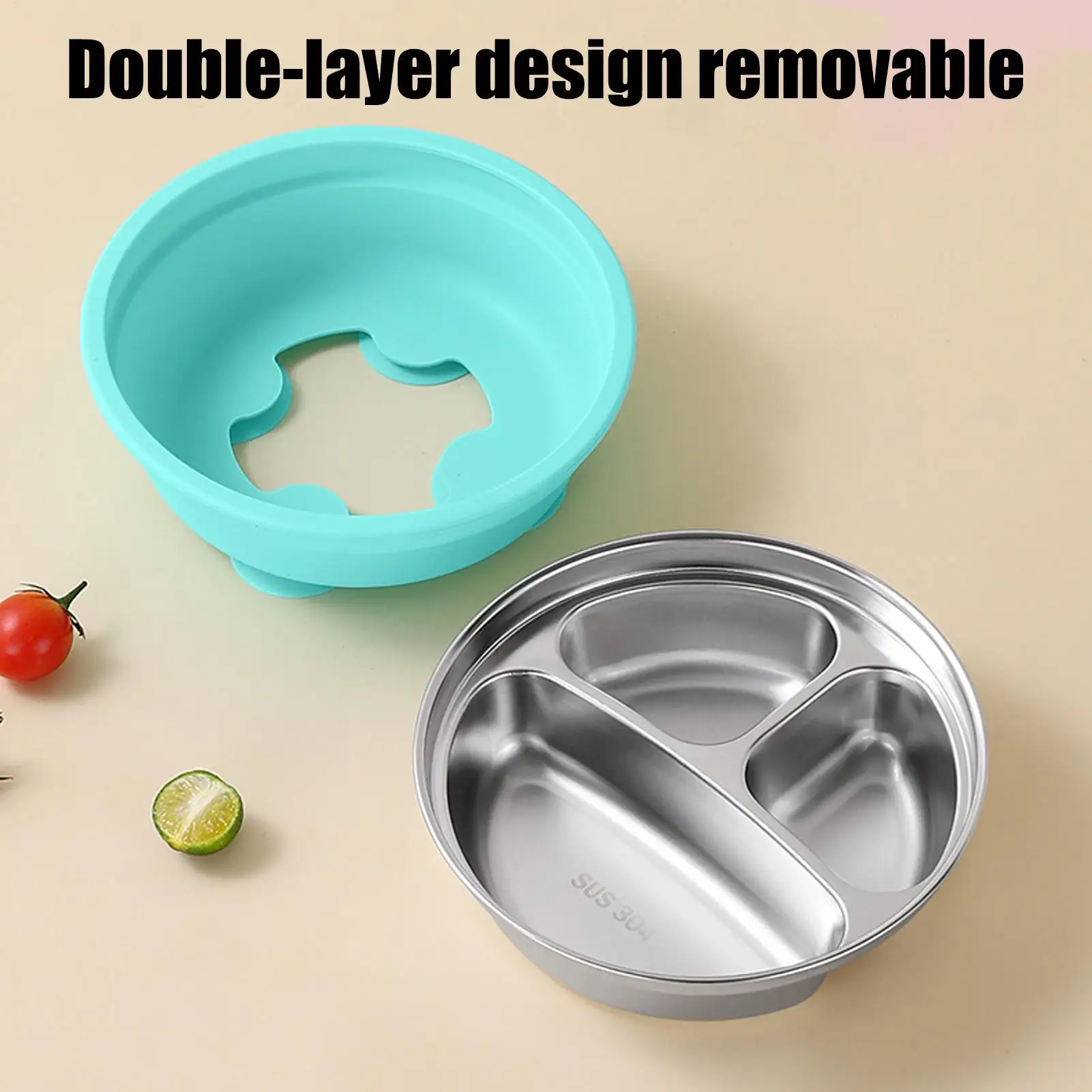 Stainless Steel Toddler Plates with Suction cup Fall Resistant Feeding Bowl for Carrying out Kindergarten Care Camping Outdoor
