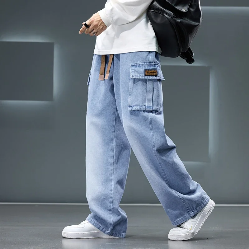 Big Size 8xl Autumn New Wide Leg Washing Jean Pants Men Trousers Neutral Solid Color Loose Casual Fashion Pocket Cargo Pants