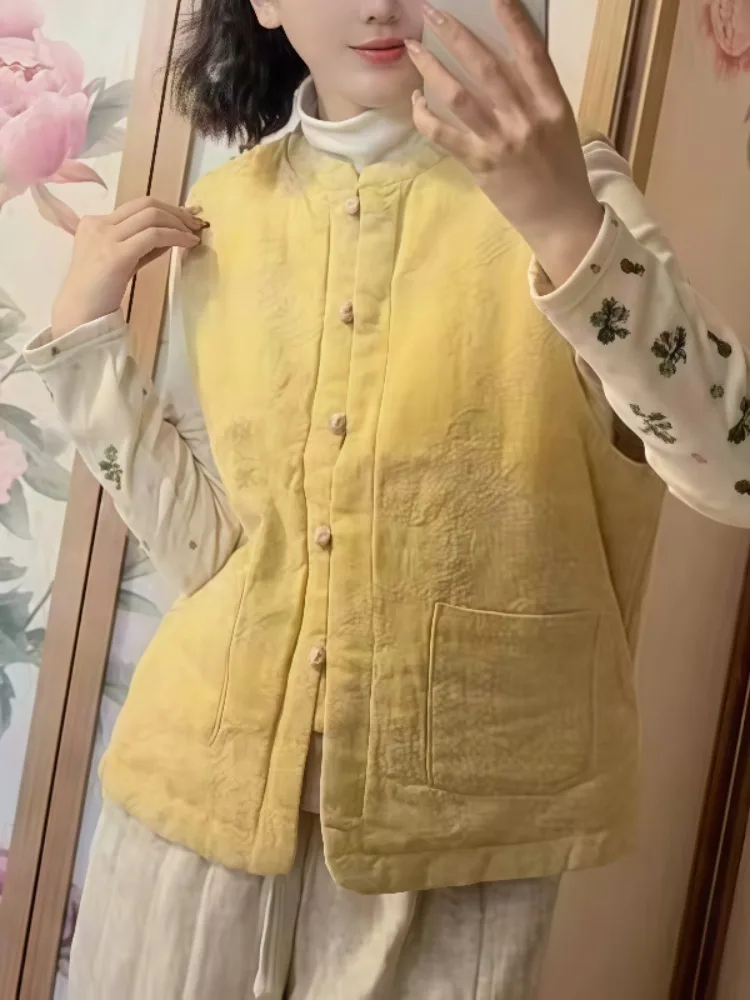 Gilet chinois en coton et lin pour femmes, vêtements d'extérieur d'hiver, débardeur superposé, coussin d'épaule en coton fin, irt pour les déplacements