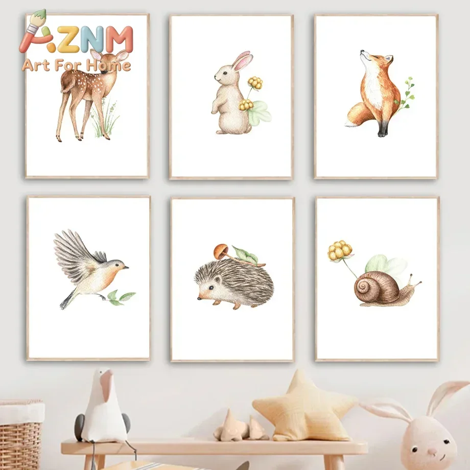 AZNM Woodland Animal Canvas Poster Watercolor Deer Rabbit Squirrel Hedgehog Snail Print Forest Kids Nursery Wall Art Unframed Ca