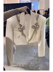 2024Beige Suit Jacket with Bow Tie for Women, Studded Diamond Small Coat