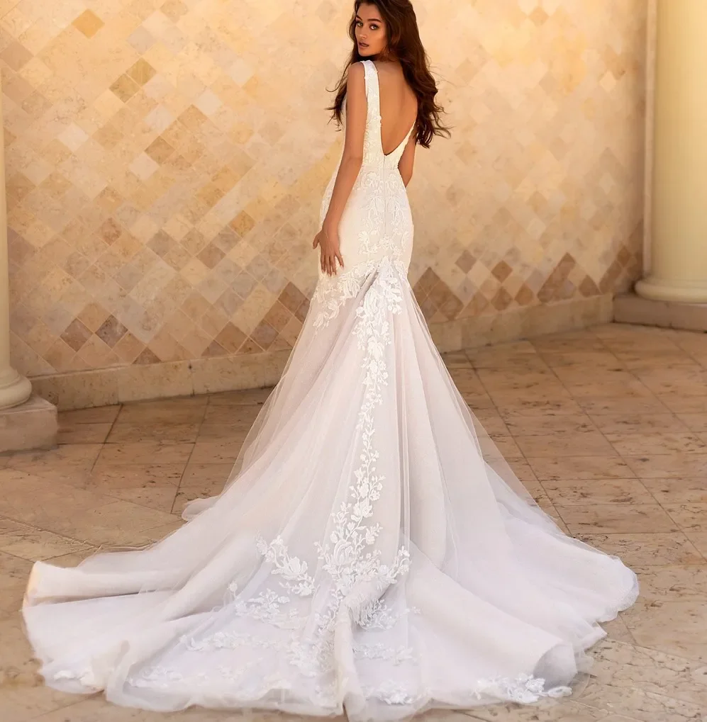 หรูหราลูกไม้ดอกไม้Bohoชุดเจ้าสาว 2025 ใหม่เซ็กซี่VคอBacklessเจ้าสาวเงือกชุดแต่งงานที่กําหนดเอง