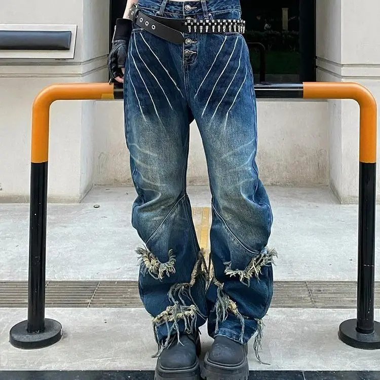 

American high street washed damaged claw mark splicing jeans children's new design sense ripped rough trousers