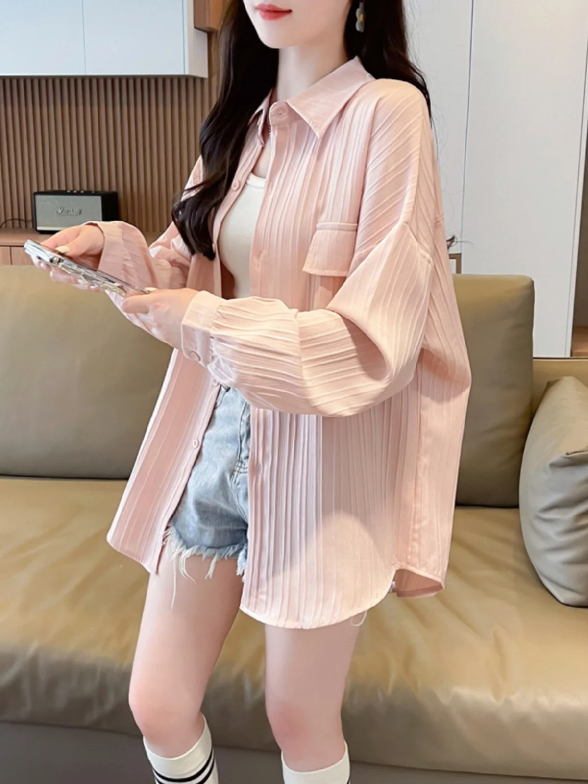 Women's Shirt Sunscreen Long Sleeves Shirt Summer Women's Loose Casual Single Breasted Turndown Collar Basics Chiffon Cardigan