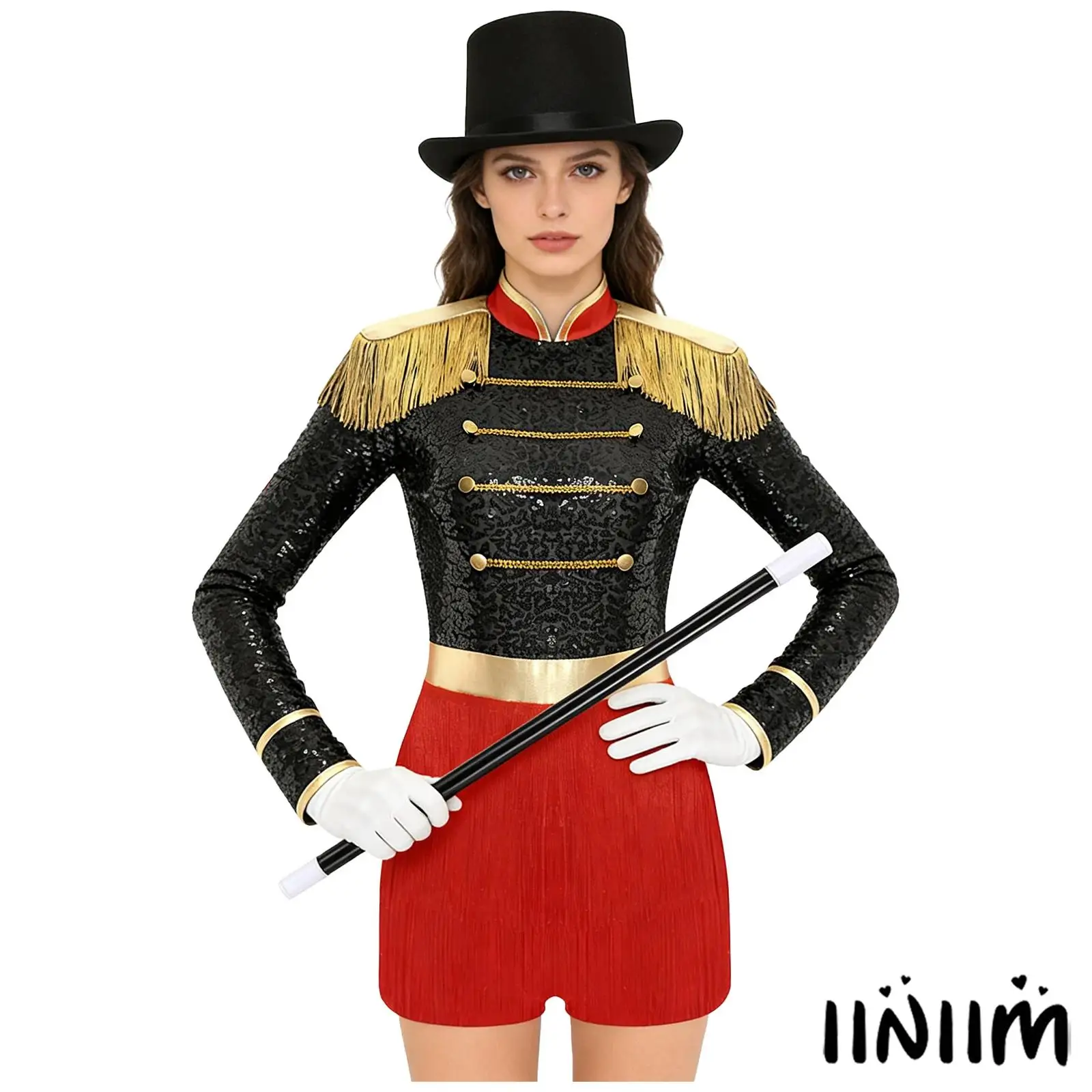 

Womens Magician Bodysuit with Tiered Fringe Color Blocking Jumpsuit Complete Circus Ringmaster Performance Set for Carnival