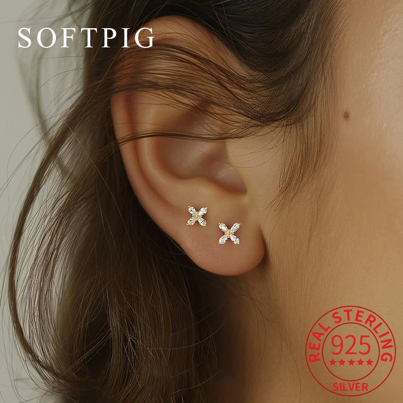 

SOFTPIG 1 Pcs Real 925 Sterling Silver Flower Zircon Tassels Tiny 18K Gold Stud Earrings for Women Classic Plant Fine Jewelry