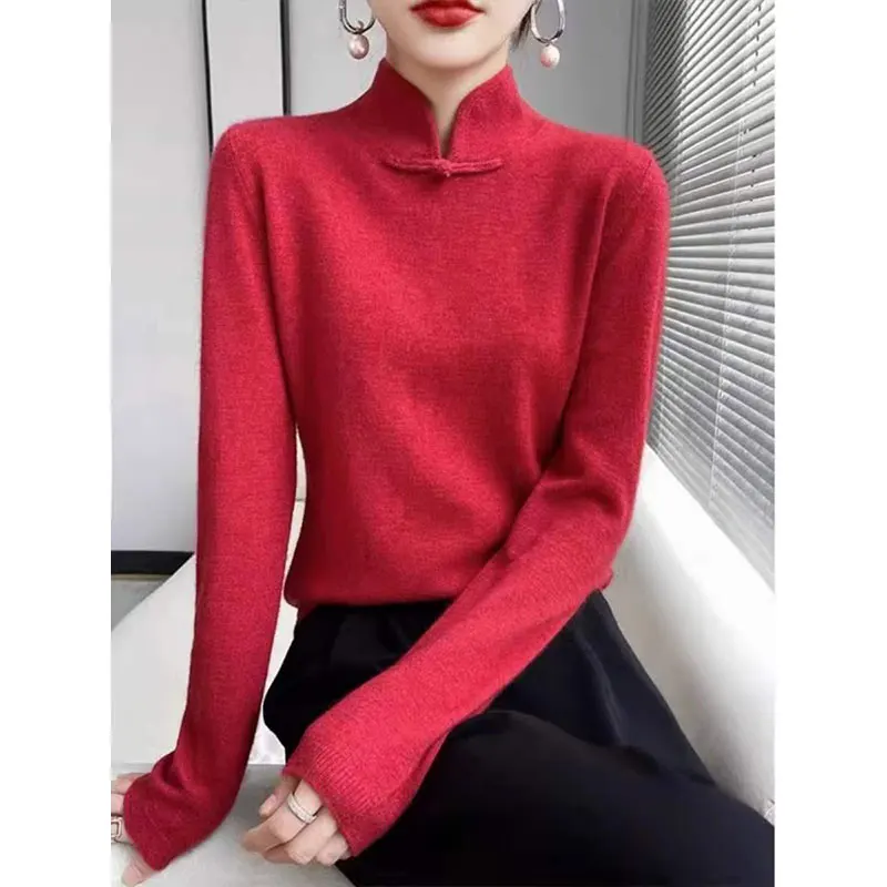 Autumn Winter National Style Knitted Sweater Half High Collar Button Base Layer Outerwear Women's Cashmere Warmth Emitting Lo...