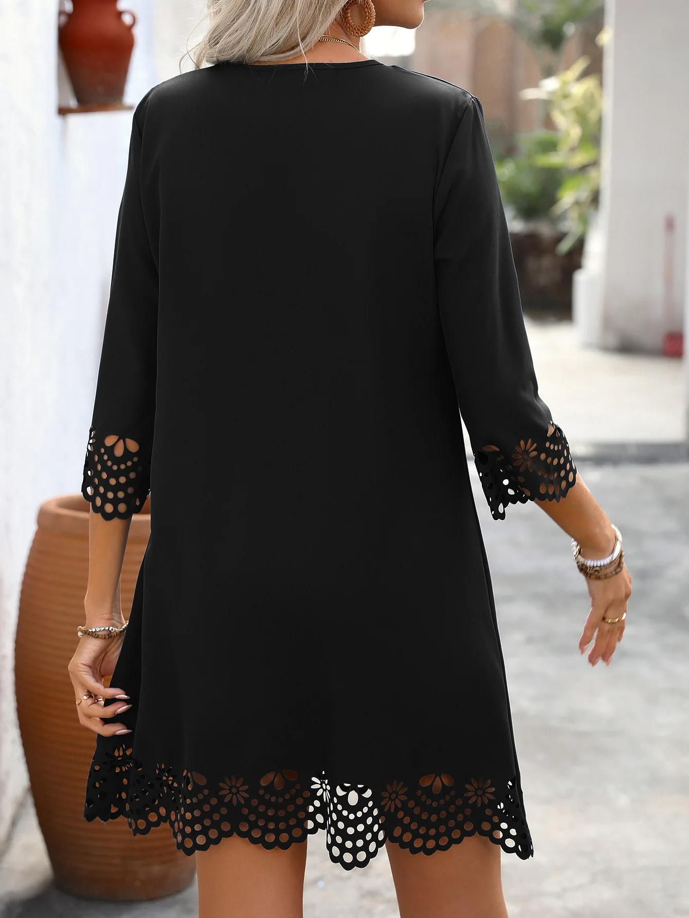 2026 Spring Summer New Women's Floral Cutout Half Sleeve A-Line Vacation Dress Vestidos