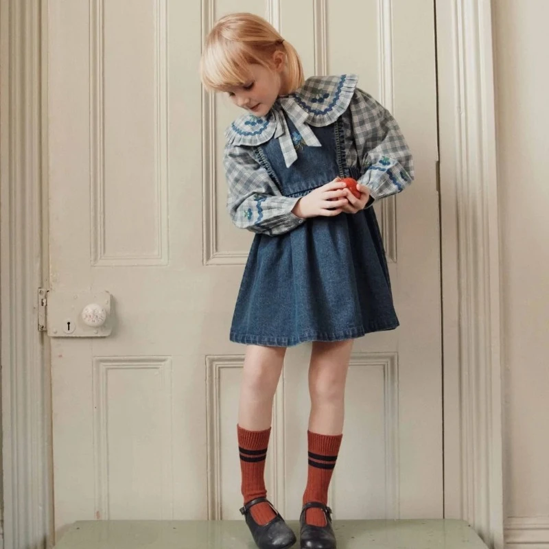 Kids Girls Denim Skirt Set 2026 AW Floral Print Long Sleeve Top + Skirt Casual Outfit EM New Children  Shirt Pattern Dress