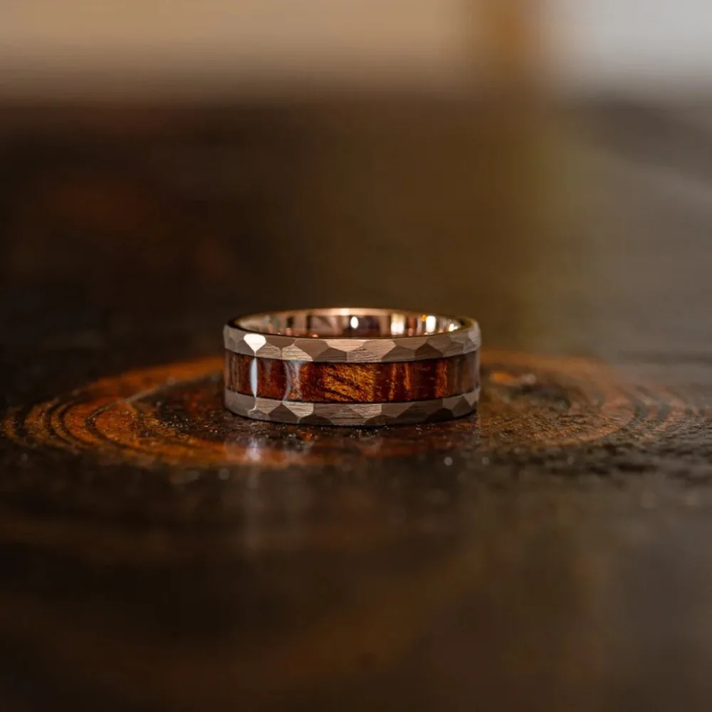 Luxury 8MM Koa Wood Inlay Stainless Steel Rings Bevel Edge Men's Steel Jewelry Polished Wedding Engagement Band Ring Wholesale