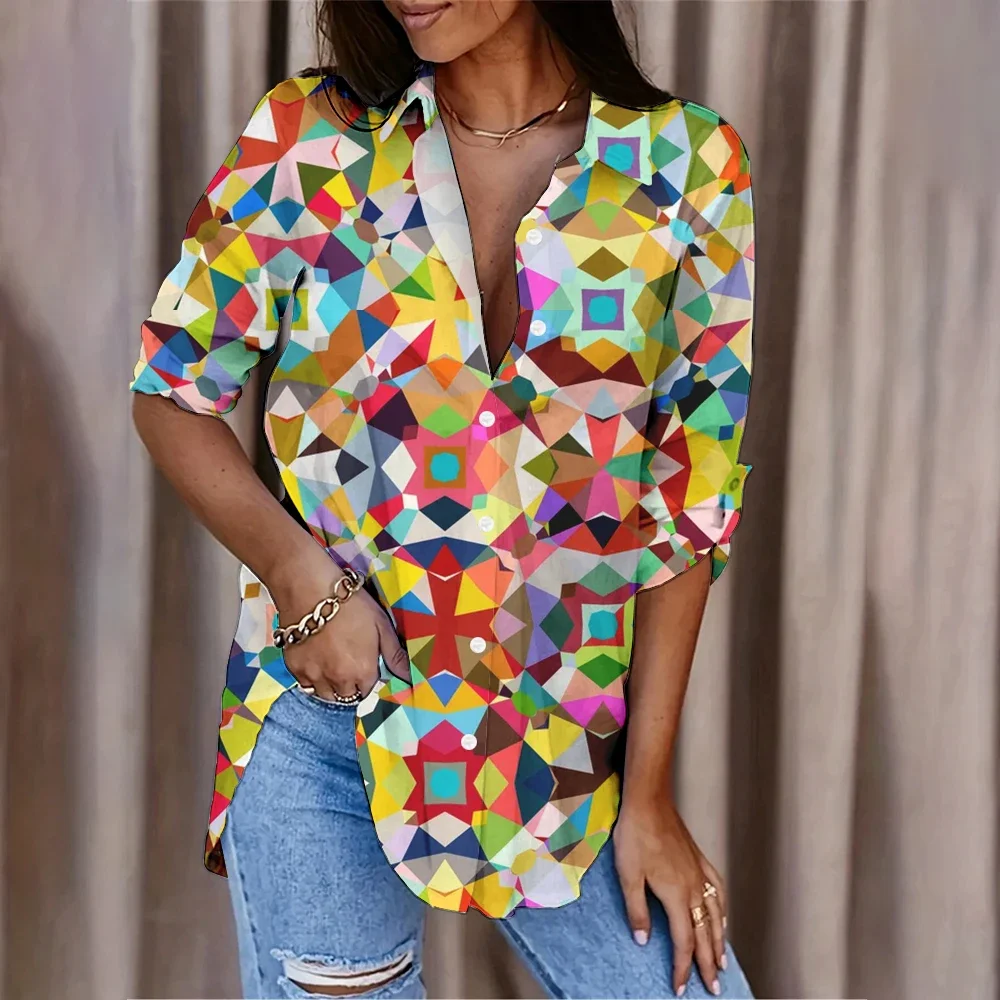 Bohemian Interesting Round Geometric Print Fashionable Blouse For Spring And Autumn Women Clothing Streetwear Casual Tops Shirts