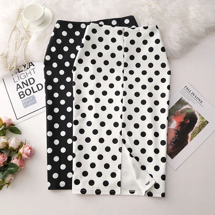 White Polka Dot Skirt, Women's Summer Elastic High Waisted Mid Length A-line Wrapped Hip Skirt