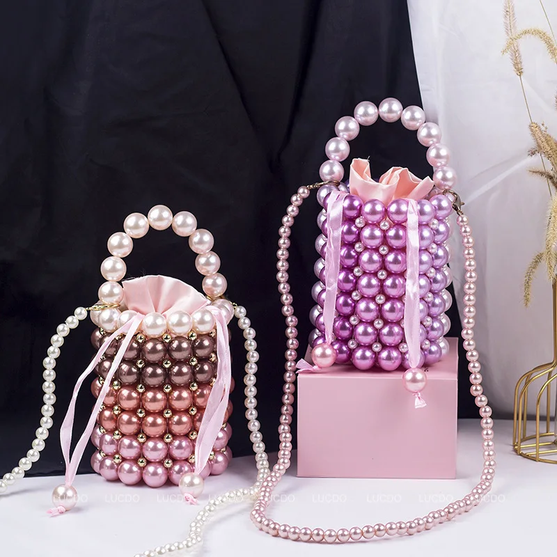 Women Plastic Evening Party Small Mini Handbag Acrylic Pearls Bag Beaded Vintage Bucket Totes Luxury Brand Wholesale White Gold