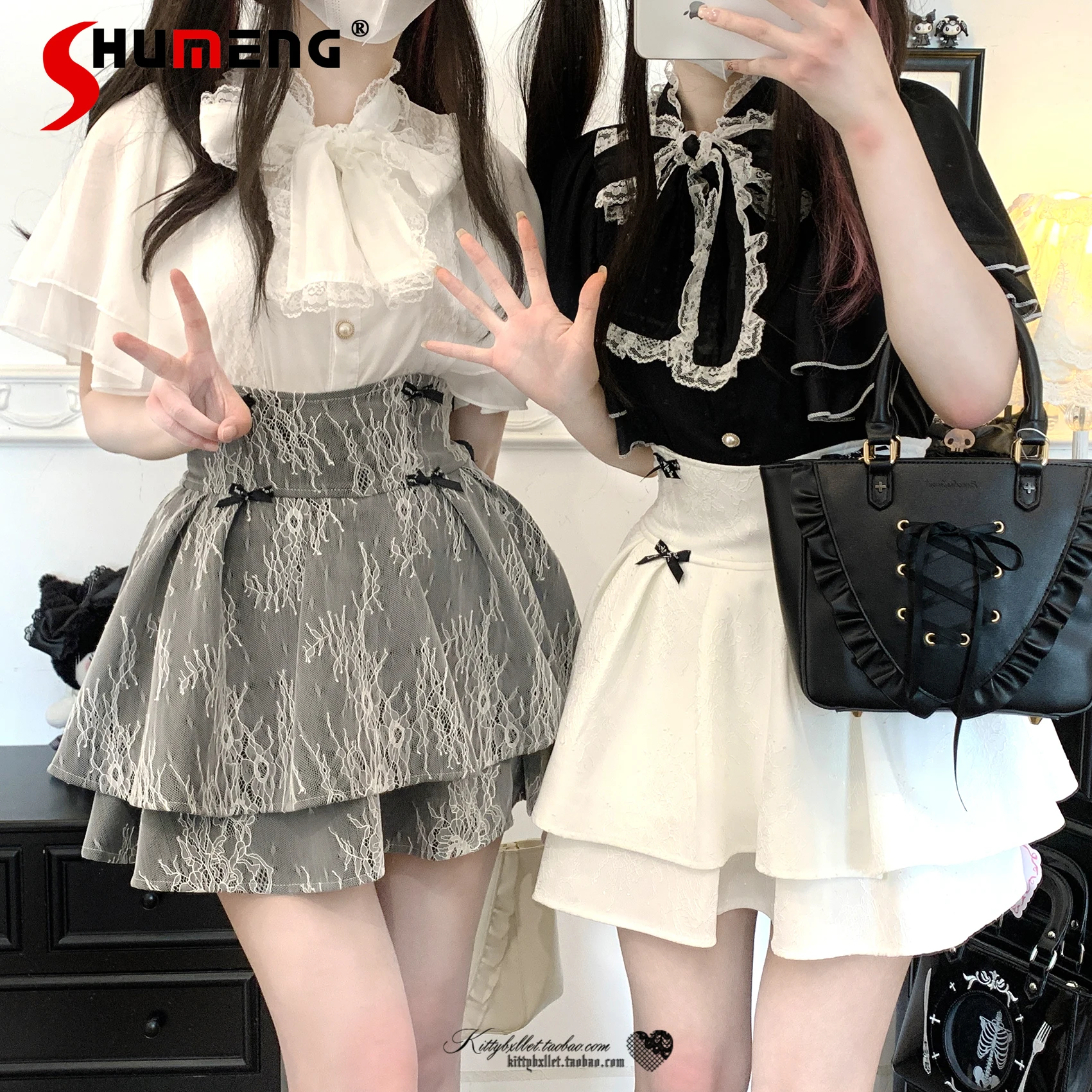 

Japanese Mine Style Mass-produced Lace Splicing Cape Sleeve Lace-up Bow Single-breasted Sweet Versatile Lolita Shirts Tops Women