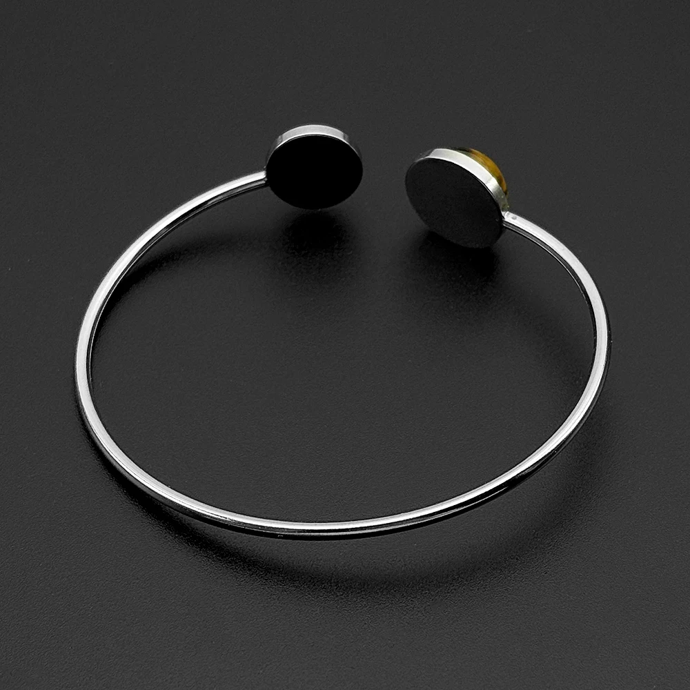 Minimalistischer Doppel-Tigerauge-Stein Offener Armreif für Damen, Edelstahl Natürliche Eleganz Damen-Armband Schmuck-Accessoire – Detail 7