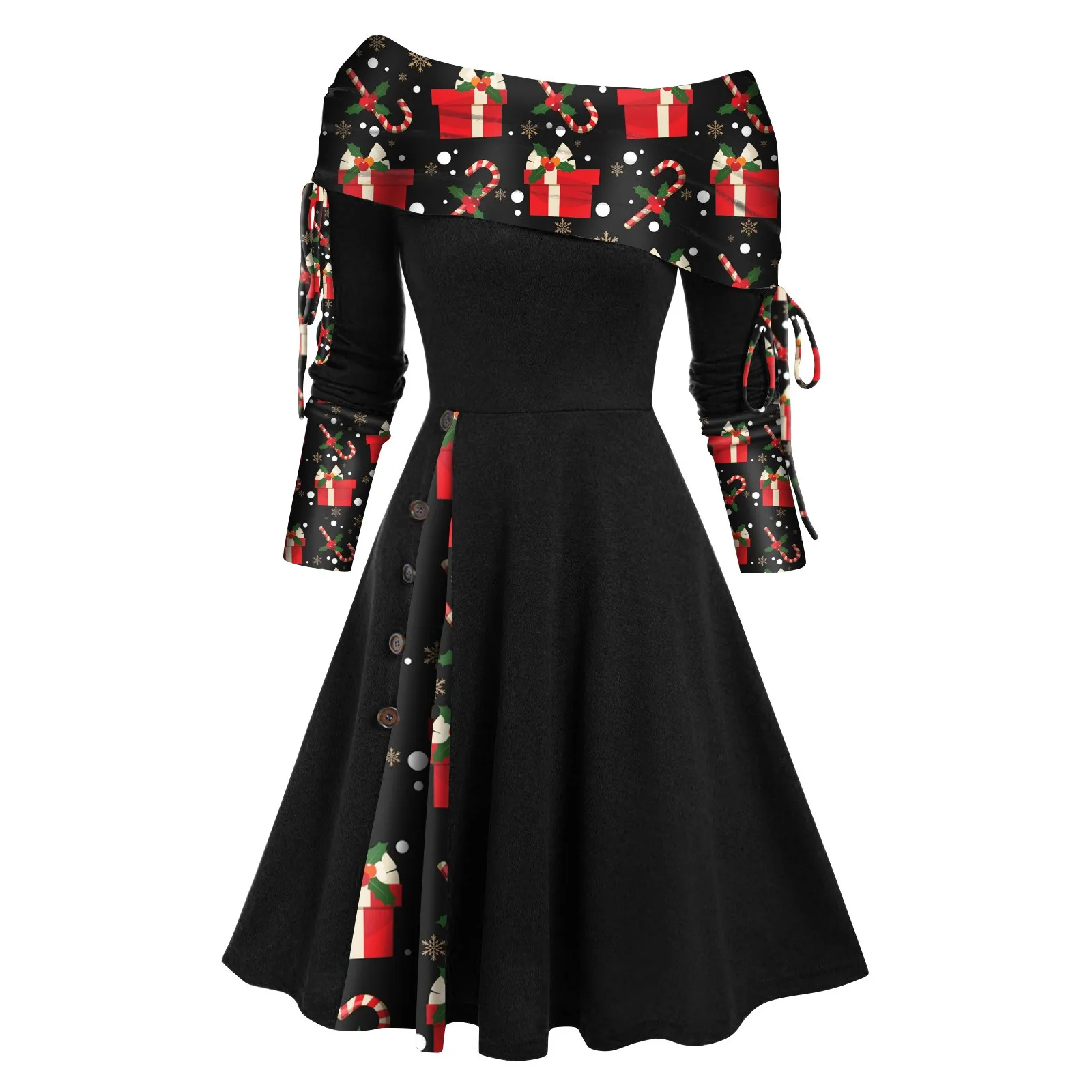 Autumn 2023 Christmas Convertible Cinched Flare Dress Foldover Off The Shoulder Knitted Dresses Women Long Sleeve Party Jurken