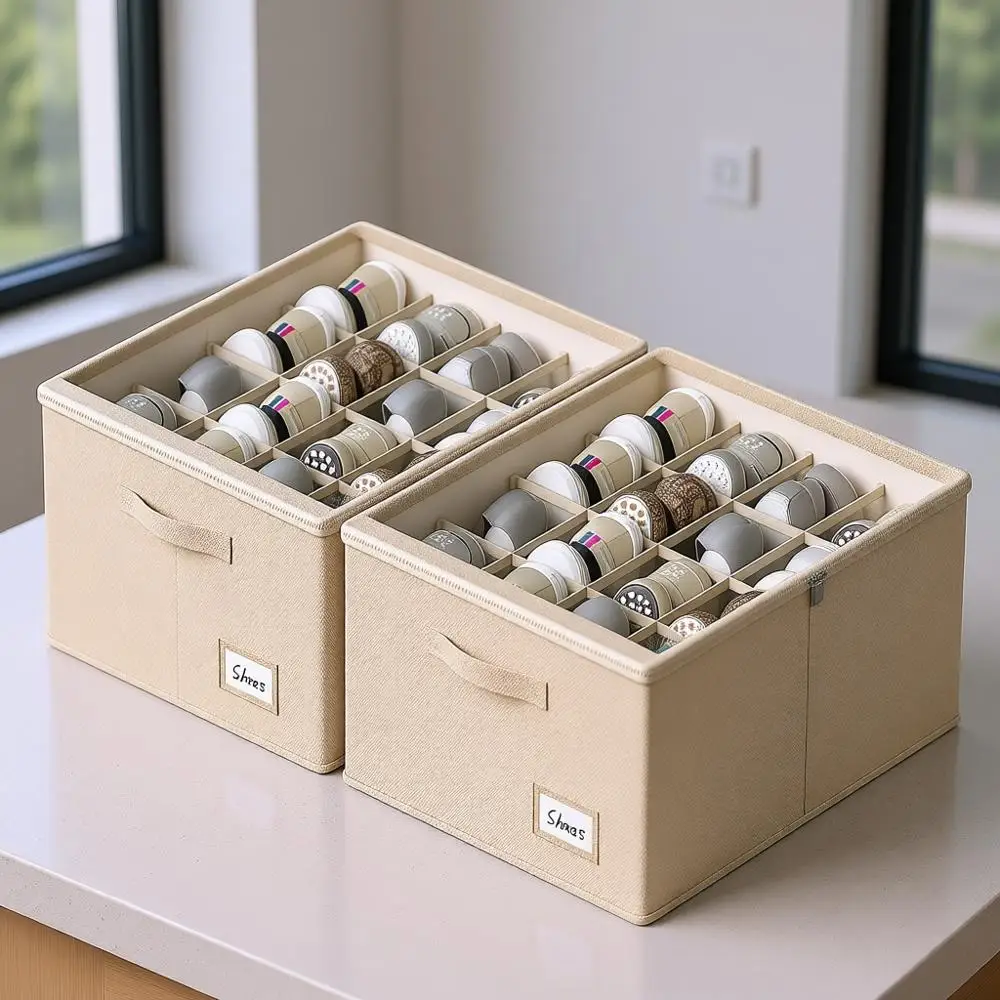 

2-Pack Durable Shoe Storage Bins with Clear Lids, Holds 16-32 Pairs, Beige Shoe Storage Boxes with Reinforced Handles, 19.7x15.7