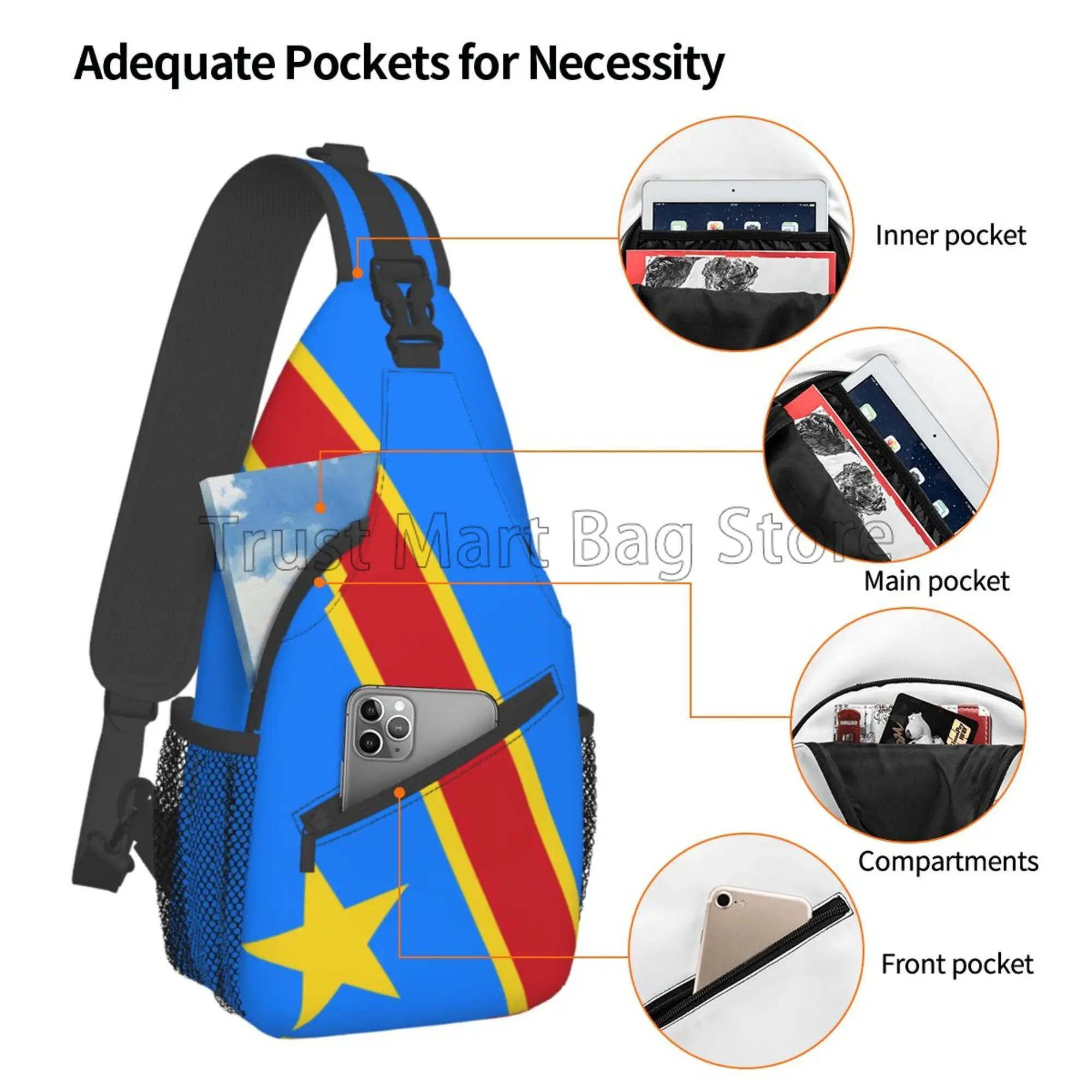 Democratic Republic of Congo Flag Print Chest Bag Casual Sling Bag Crossbody Backpack Lightweight Daypack for Outdoor Sports