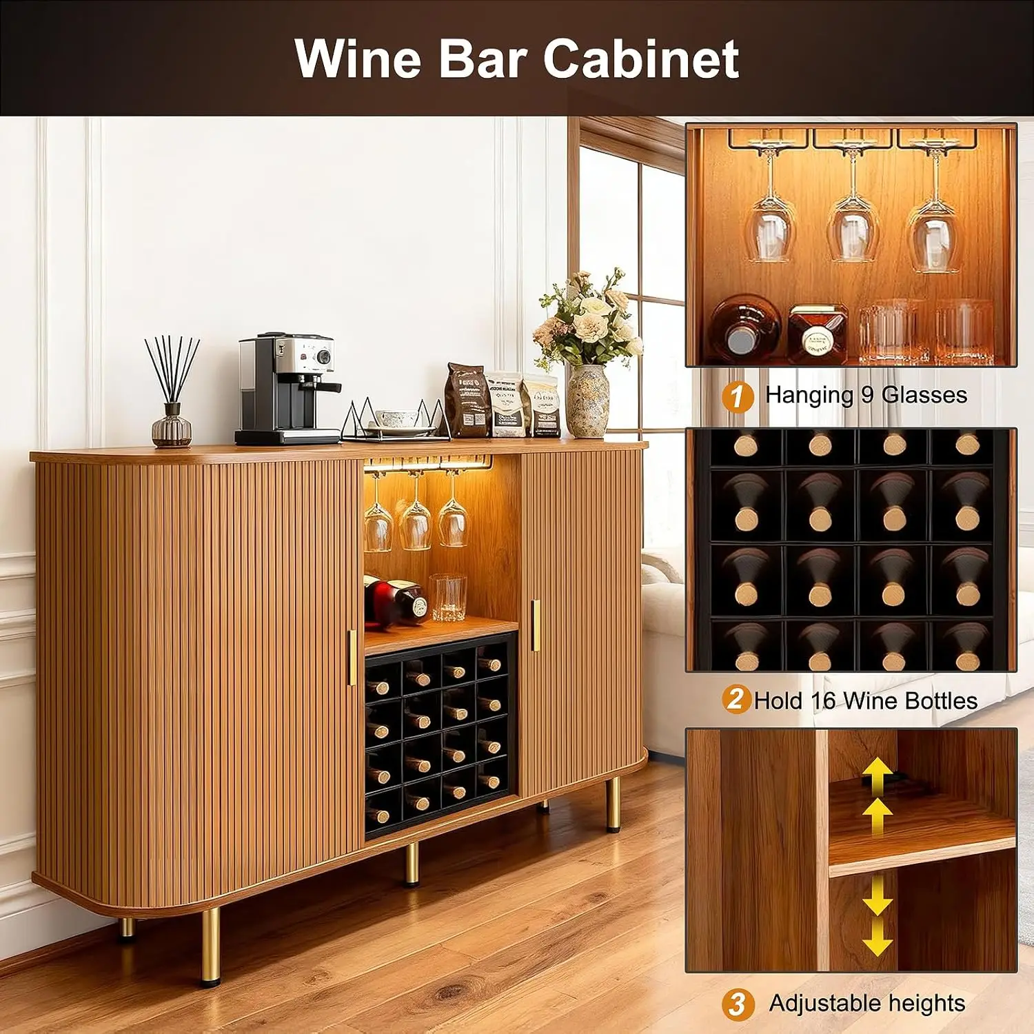 55" Wine Bar Cabinet with Storage, Fluted Liquor & Coffee Bar Cabinet with Wine Rack and Glass Holder, Customized