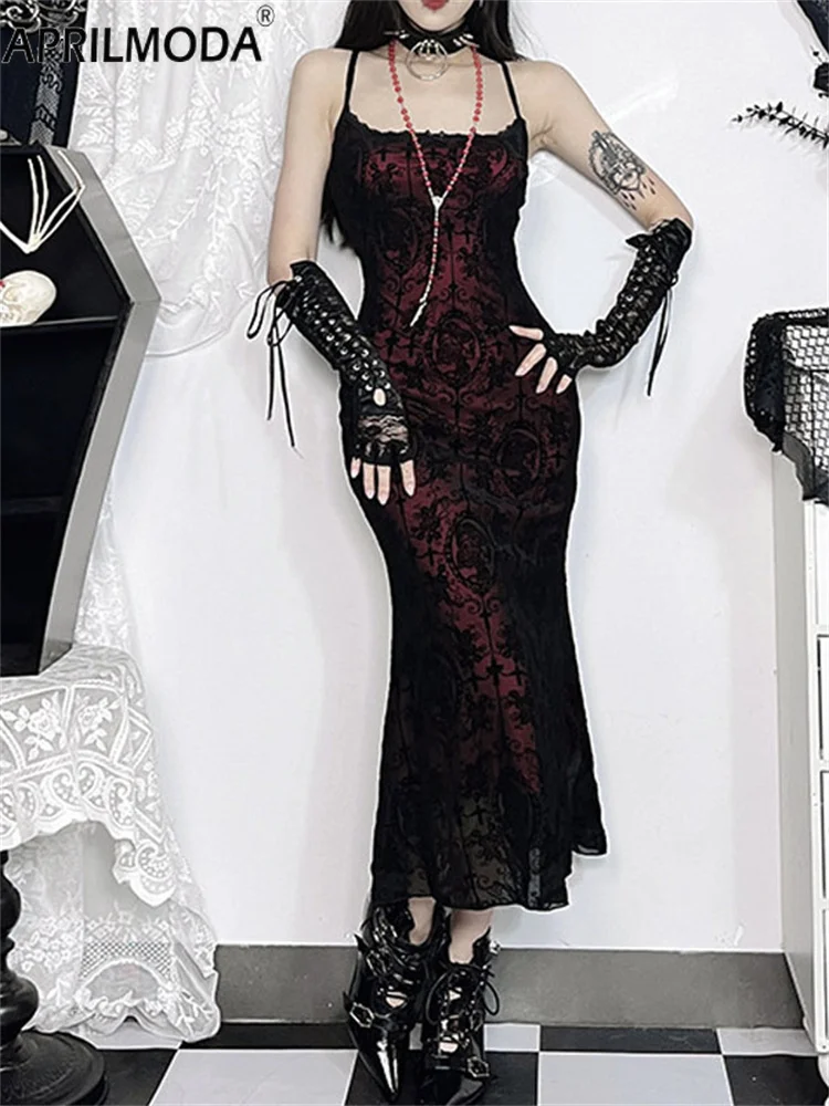 Schwarz Rot Vintage Elegante Goth Meerjungfrau Kleid Frauen Streetwear Fee Grunge Ästhetische Kreuz Muster Spaghetti Strap Party Kleider
