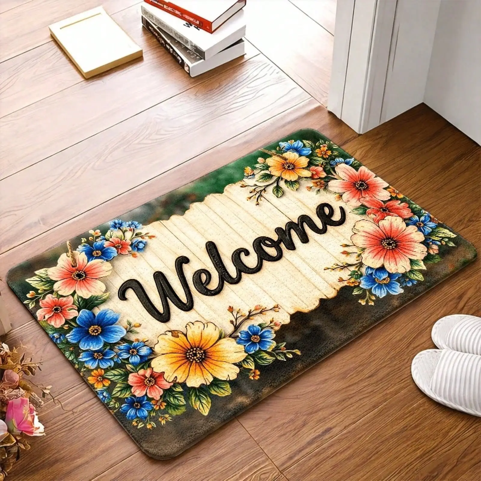 1pc Non-Slip Backed Flannel Mats, Washable, Universal, Floral Welcome Pattern, Suitable For Living Room, Bedroom, Office, Indoor, Bathroom, Balcony, Hallway