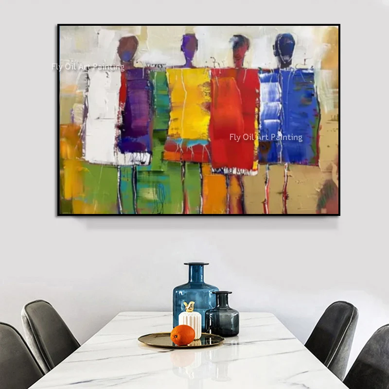 Popular Design Brown Black Horse Running Canvas Thick Oil Painting Original Blue Red Yellow Abstract People Wall Art Decor Items