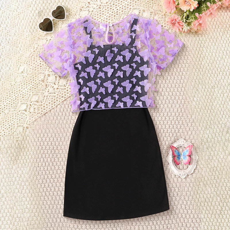 Girls' Summer Butterfly 2-Piece Dress & Tee Set - Stretchy, Comfortable & Easy-Care Kidswear image 3