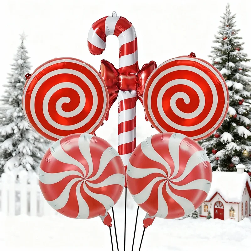 5 Stück 45,7 cm rotes Windrad, Süßigkeiten, Schleifenform, Zuckerstange, Folienballons, Weihnachtsfeier, Dekorationen, Festival-Zubehör, Foto-Requisiten