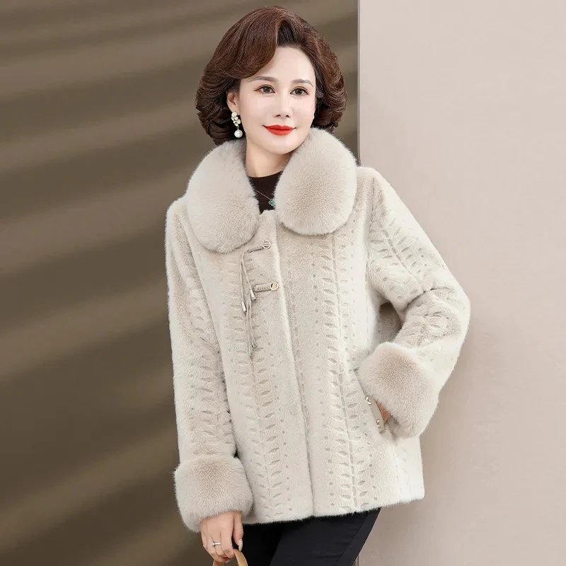 Middle-Age Women Faux Fur Coat Thicken Mink Fur Short Jacket Fox Fur Collar Outerwear Female Fashion Fur Jackets Autumn Winter