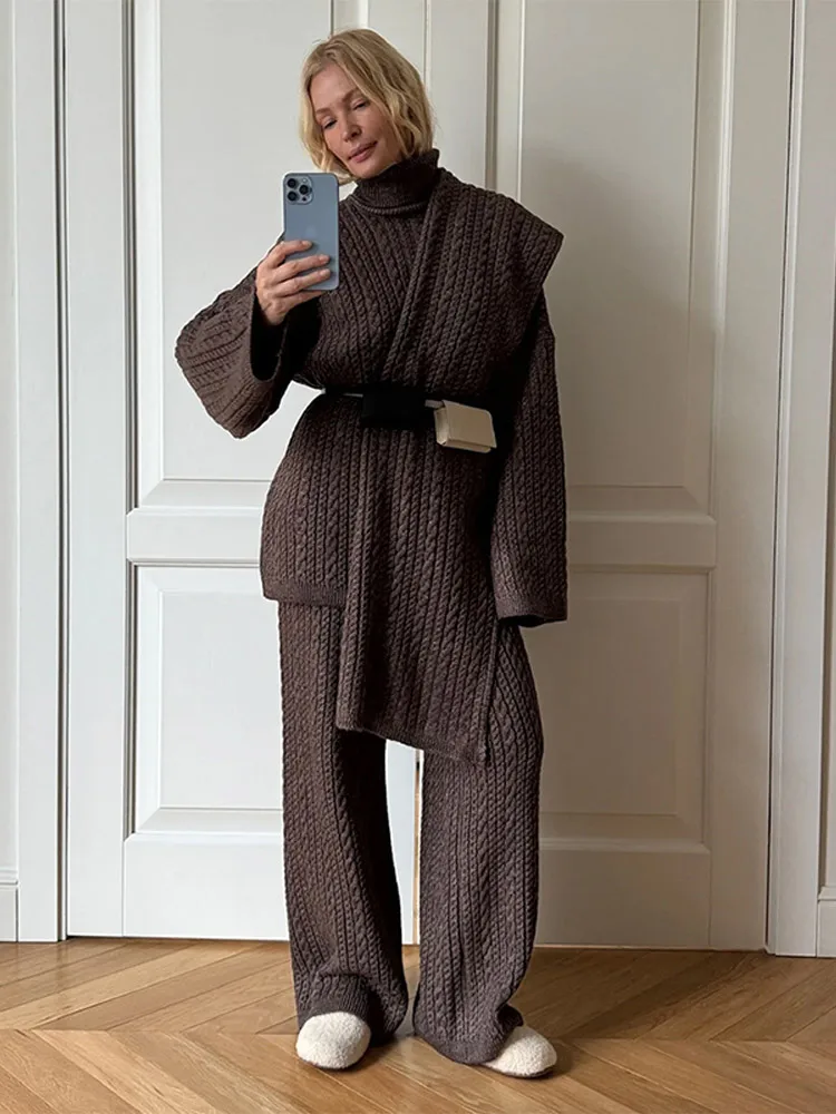 

Вязаный топ с нерегулярным высоким воротником, женский элегантный комплект с прямыми штанинами и длинными рукавами, шикарные, новинка 2025 года, шикарные повседневные уличные наряды