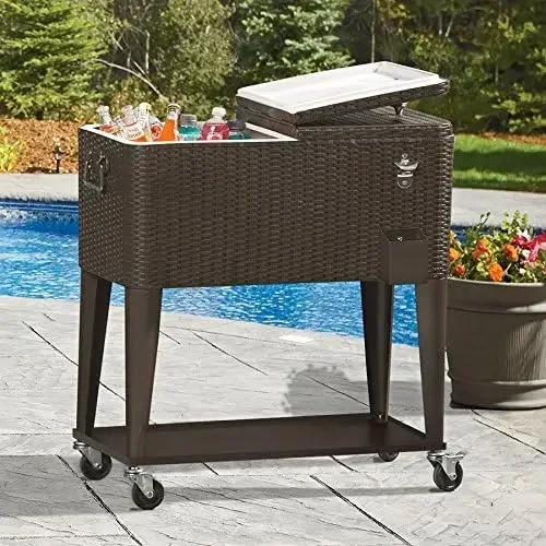 Un Carrito de cofre hielo para Patio al aire libre, carrito mimbre imitación, color marrón oscuro