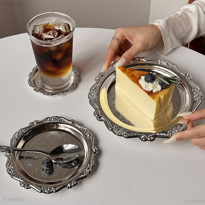 Vintage Embossed Stainless Steel Tray Cake Dessert Plate Tea Snack Fruit Dish Jewelry Storage Tabletop Decor Home Hotel Supplies