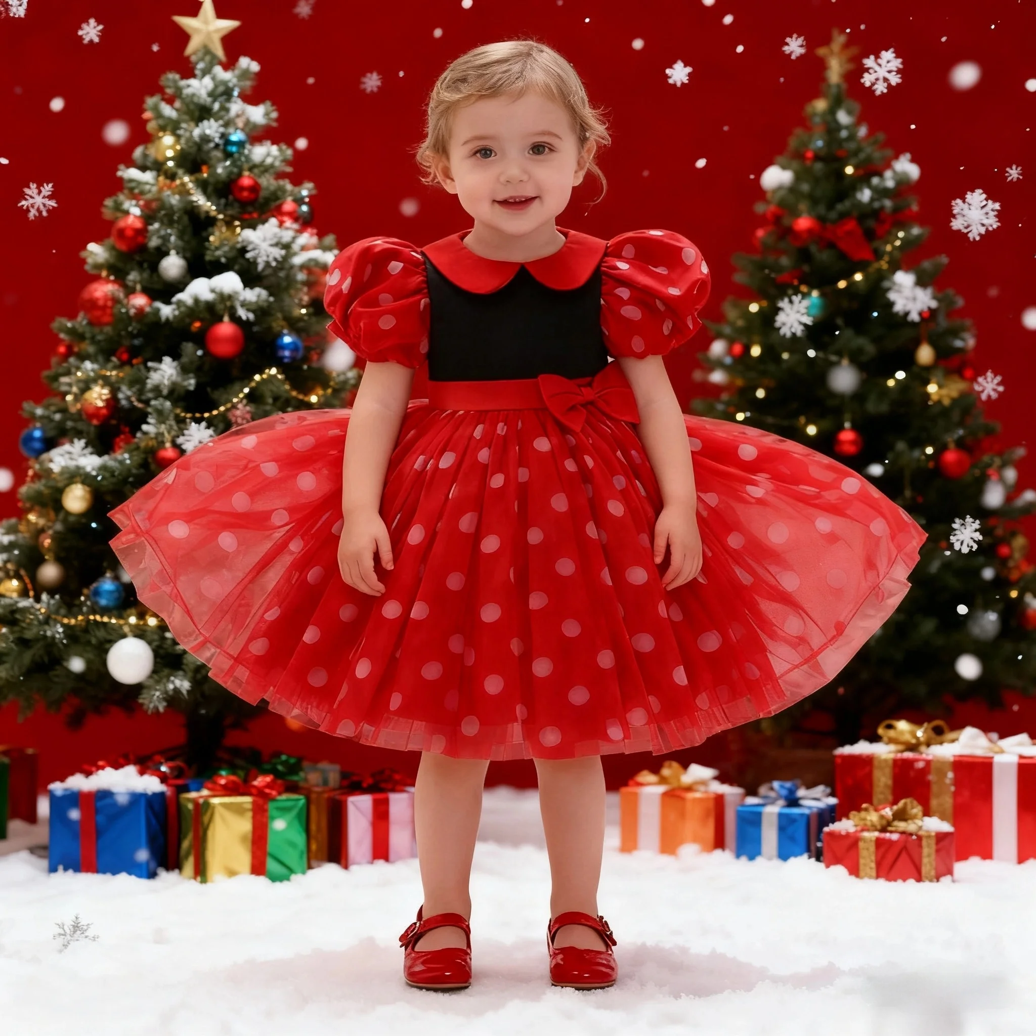 

Рождественское платье для маленьких девочек, бутиковое платье-пачка, Рождественская вечеринка, платье принцессы для конкурса, детское платье на день рождения, одежда в горошек с бантом