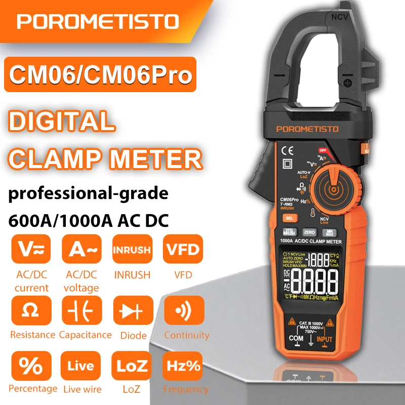 

POROMETISTO CM06 AC/DC Auto-ranging Digital Clamp Meter 600A Multimeter Ammeter Voltage Tester Amp Hz Ohm Capacitance NCV Tool
