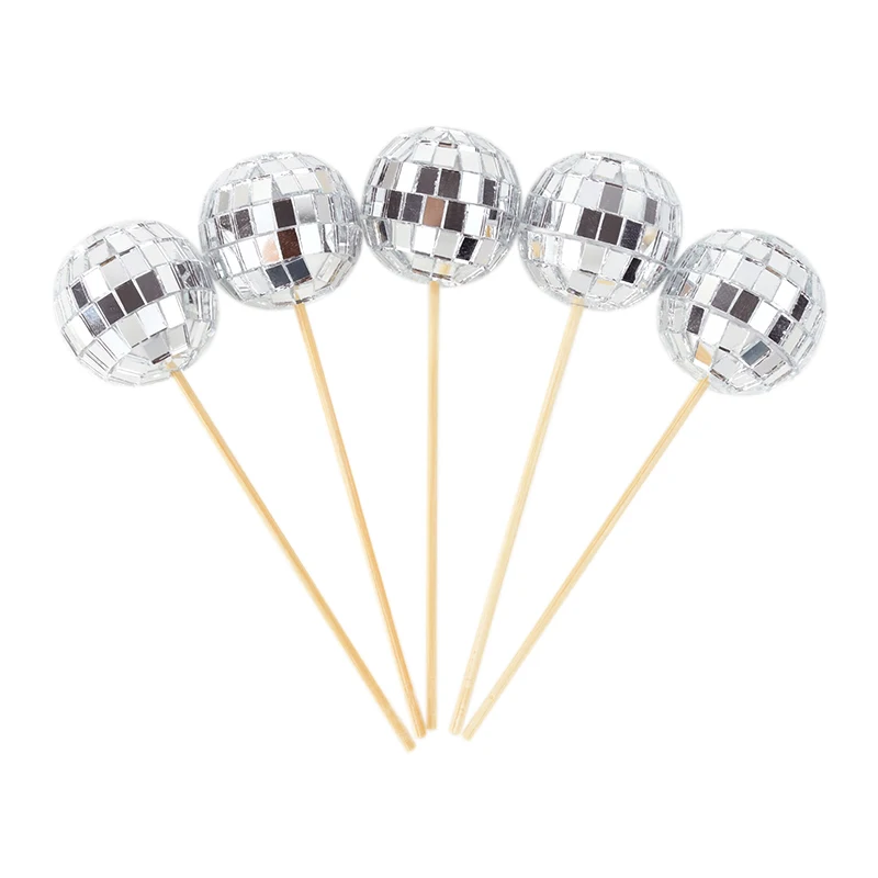 10/12/100Pcs Disco Ball Wooden Cake Toppers Fruit Stick Retro Dance 70's Disco Theme Birthday Party Cake Decoration