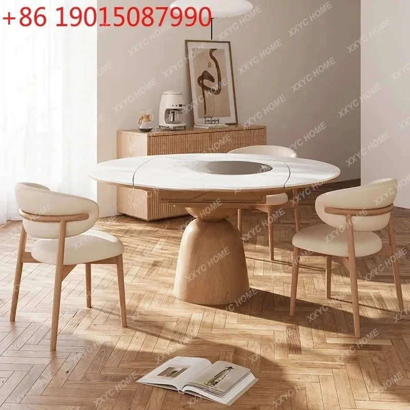 A Folding Table Solid Wood Dining Table Embedded Turntable Induction Cooker Dual-purpose Retractable Rock Slab