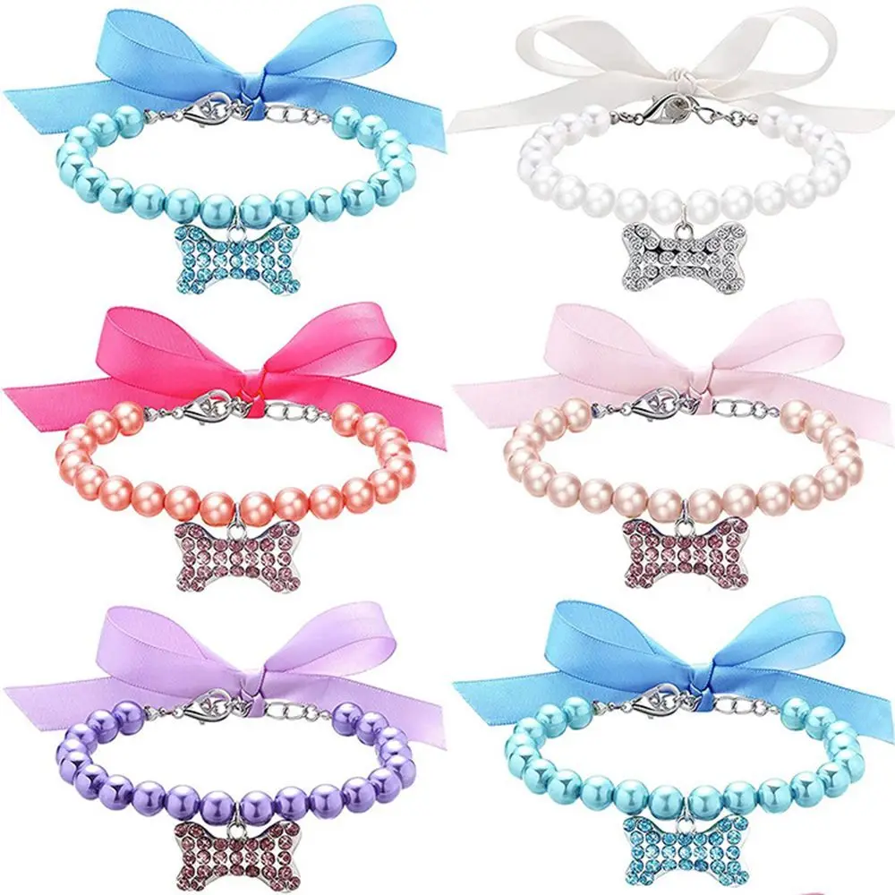 Cute Pet Pearl Necklace Bow Cat Dog Collar Diamond Dog Bone Pendant Adjustable Tie Pet Jewelry