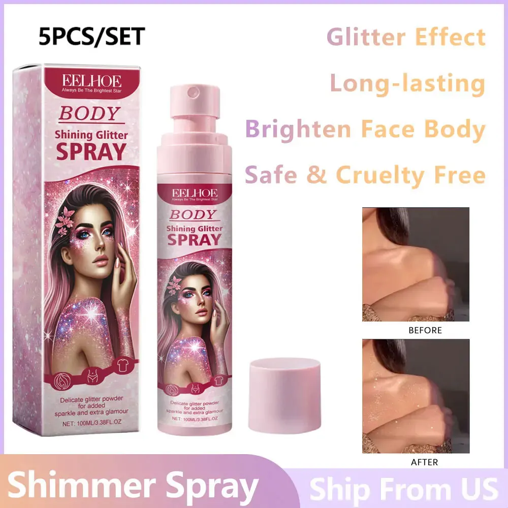 5bottle Colorful Shimmer Spray Stage Makeup Glitter Powder Spray Face Collarbone Highlighting Glitter Lasting Highlighter Spray