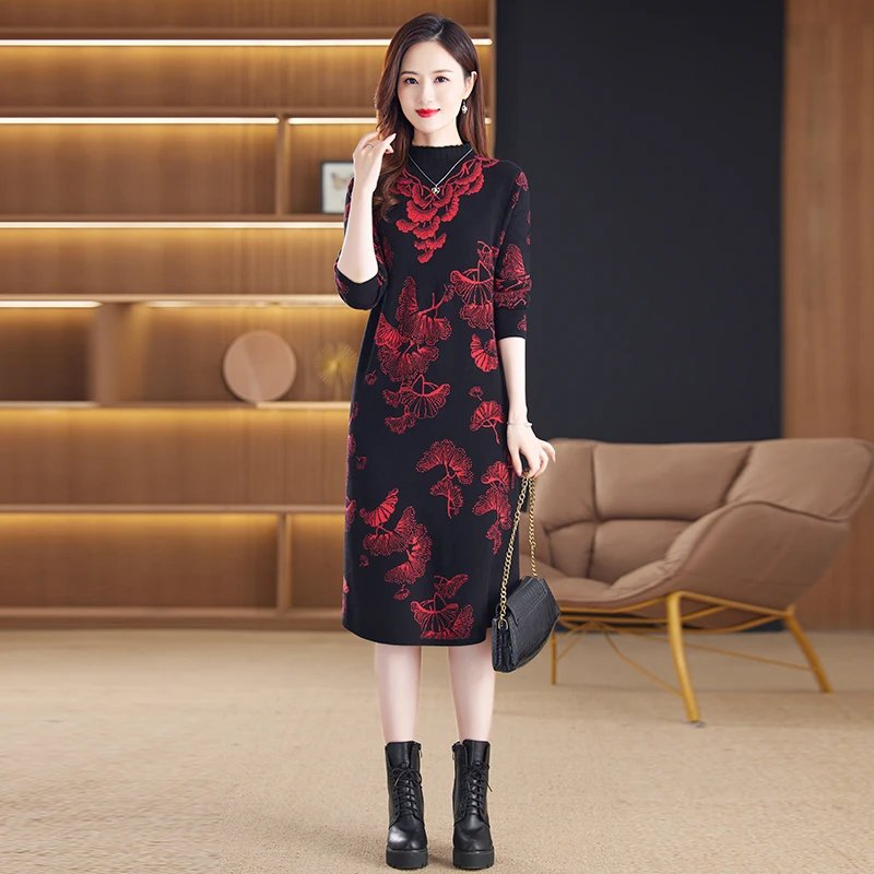 2023 New Autumn Winter Korean Fashion Vintage Thick Knitted Dress Women Elegant Loose Printed Long Sleeve O-neck Dresses