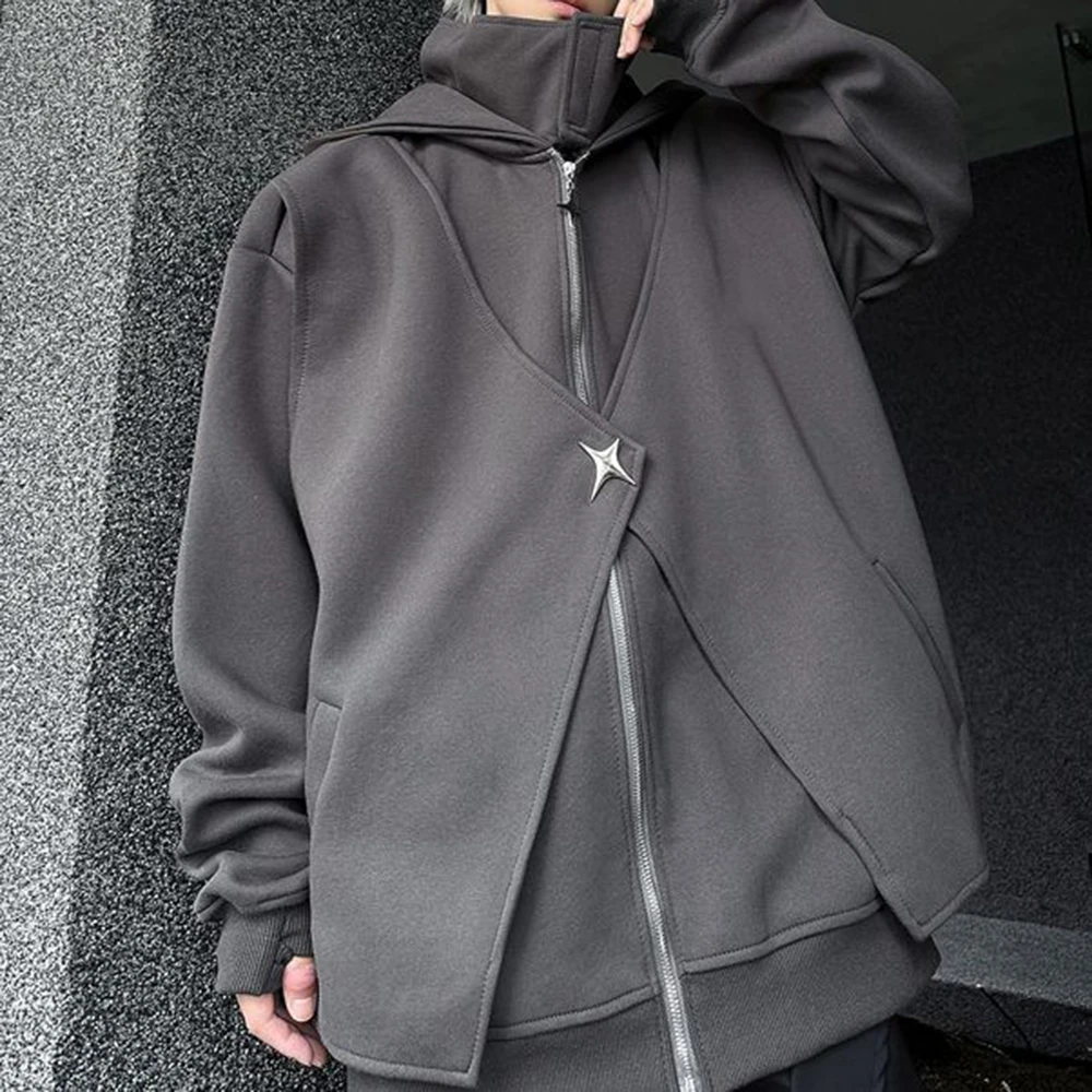 Mens Fashion Y2k Fake Two-Piece Cardigan Sweatshirt Autumn Winter High Street American Style Heavy Trend Functional Jacket Men