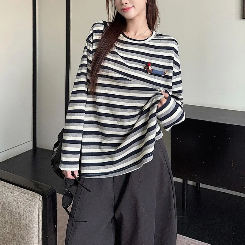 

Female T-shirts Patchwork Striped T-shirts Lady Baggy Casual Round Neck Tops Girls Korean Fashion Long Sleeve Clothes