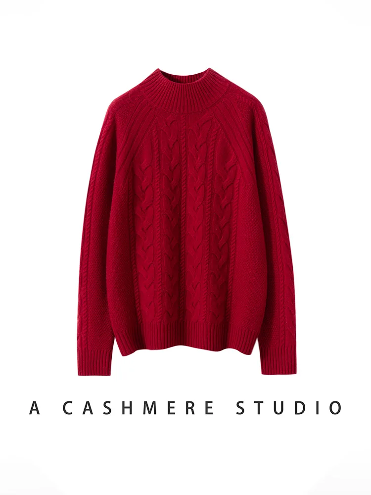 

CHICUU Autumn Winter Women's 100% Cashmere Sweater Thickness Mock Neck Cable Knit Pullover Cashmere Knitwear Heavyweight Tops