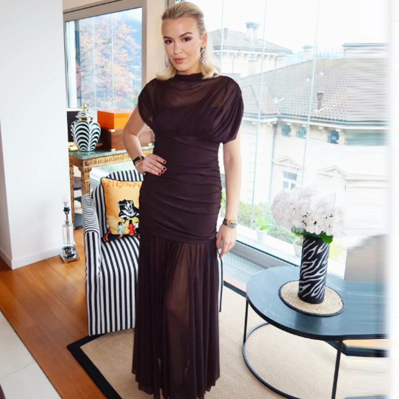 Robes plissées marron pour femmes HXAO, robes de soirée moulantes en tulle, robes maxi sexy semi-transparentes en maille, robe de cocktail élégante sans manches