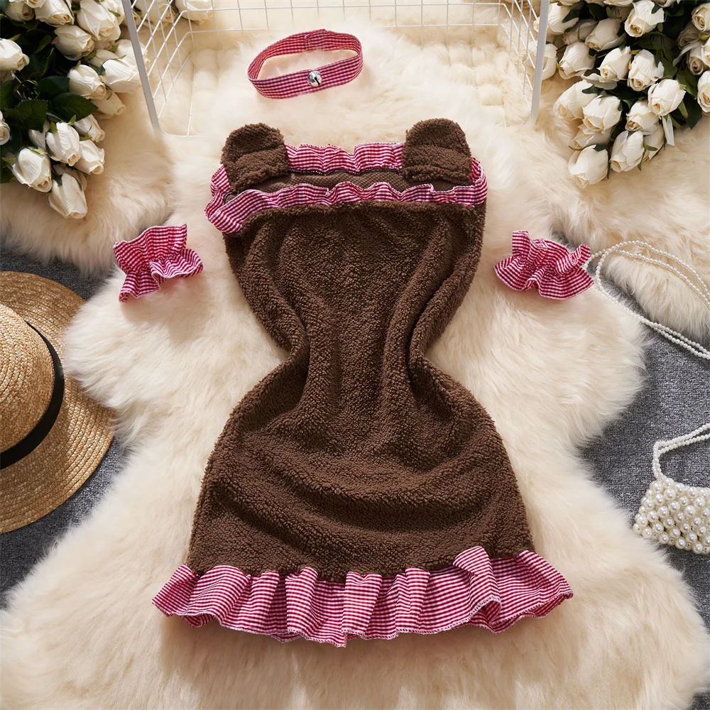 Ruffle Fleece Slim Strapless Sexy Dress Cute Sweet Women's Nightgown Kawaii Pajamas Erotic Lingerie Teddy Bear Cosplay Nightwear