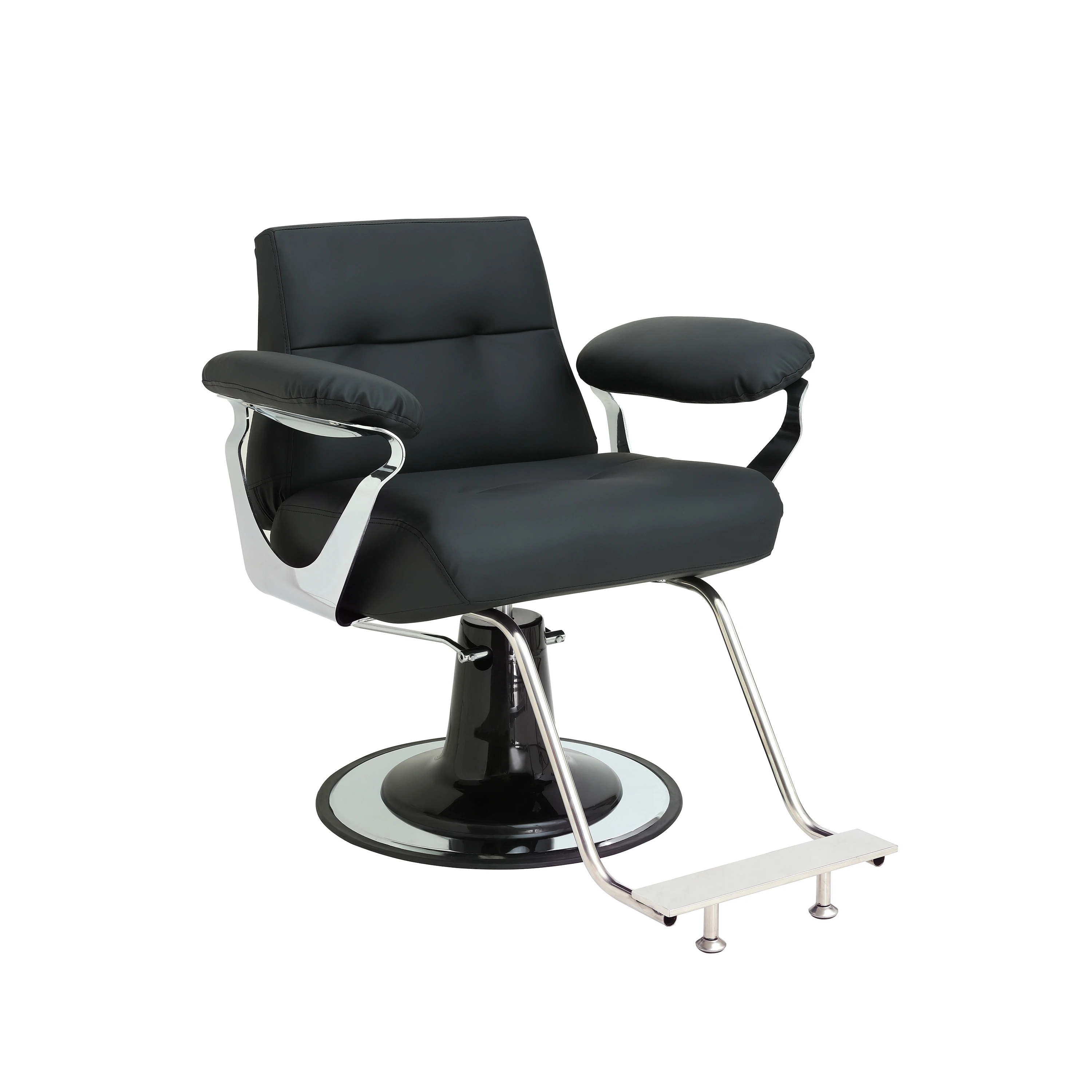 Modern black styling chair with chrome curved armrests, hydraulic salon chair, professional hairdressing furniture