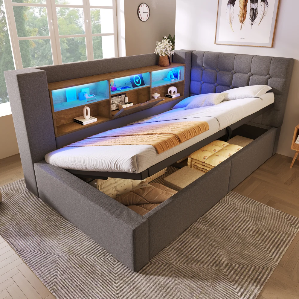 Gestoffeerd bed met led-verlichting, L-vormig hoofdeinde met opbergruimte, omkeerbare installatie, linnen, grijs (zonder matras)