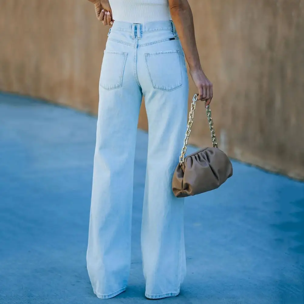 Pantaloni in Denim Jeans a gamba larga a vita alta da donna alla moda con tasche con fori strappati per il pendolarismo Shopping incontri abiti Slim Fit