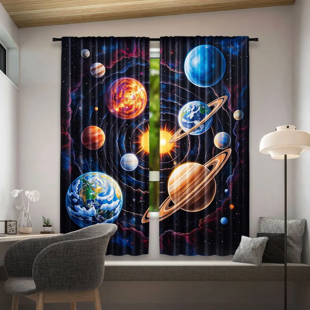 2pcs Solar System Curtains Planets Galaxy Space Window Drapes Science Kids Bedroom Decor Astronomy Print Panel
